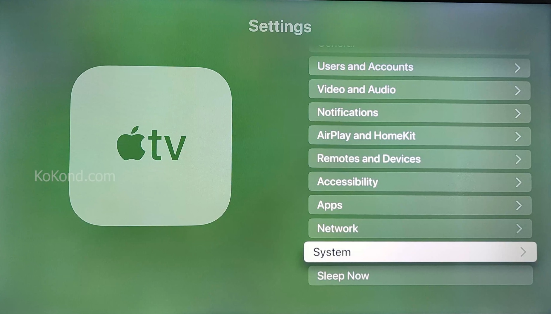 Select System on Apple TV Settings