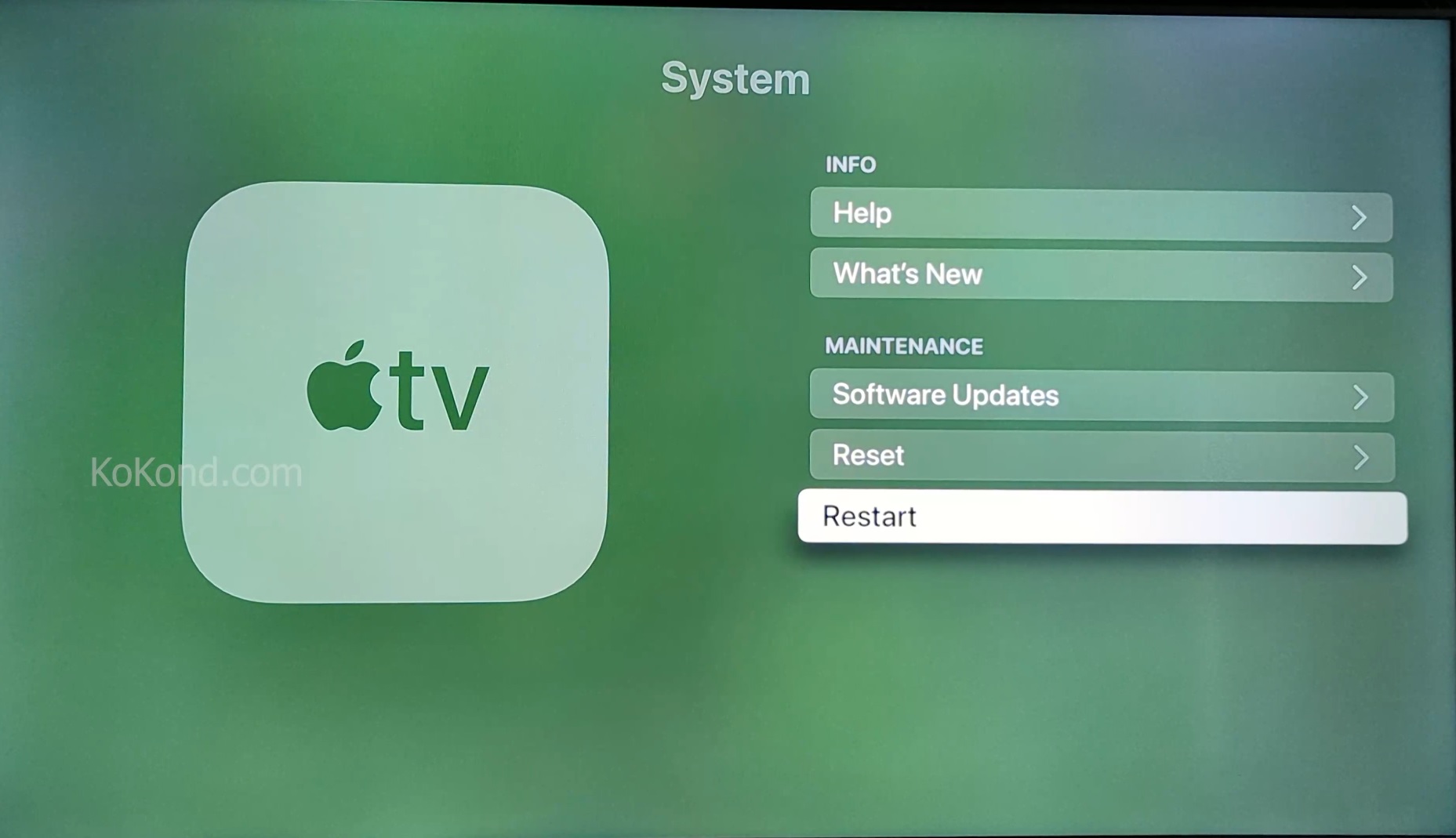 Select Restart - Apple TV Will Restart Now