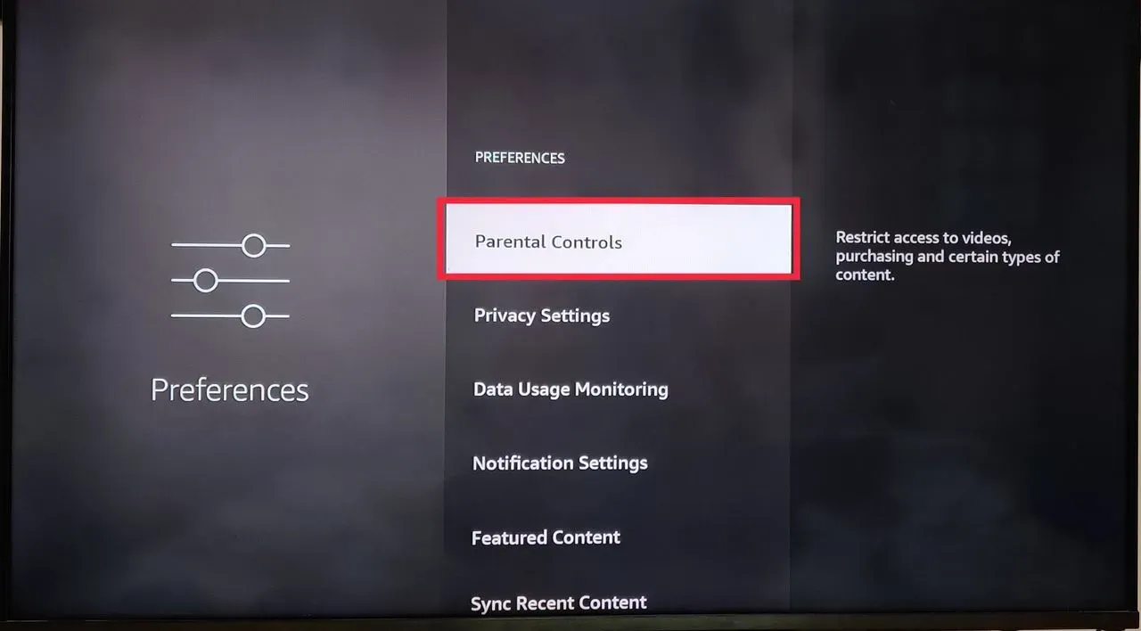 Image showing selection of "Parental Controls"