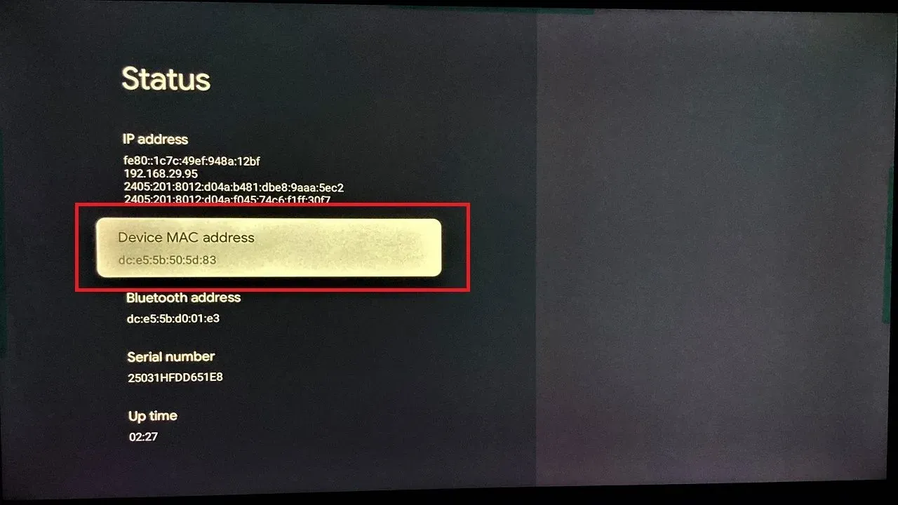 mac address under status
