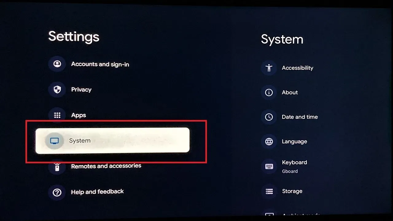 systems menu under settings