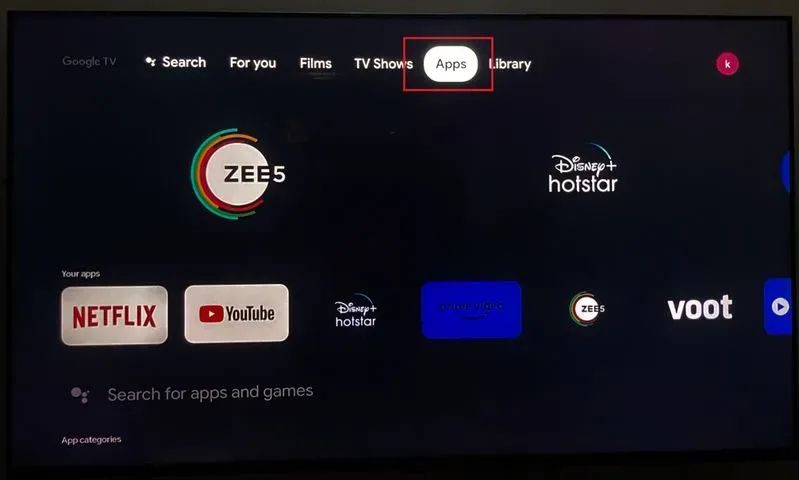 Select Apps on Google TV Home Screen