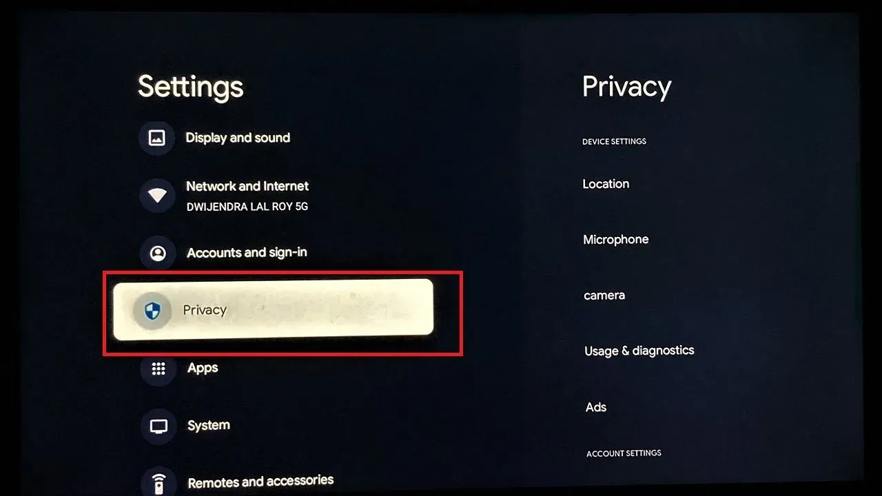 privacy option under settings in google tv with chromecast
