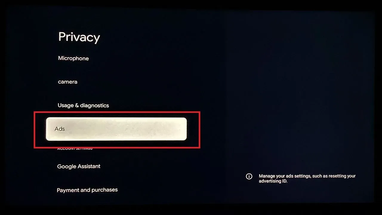 accessing ads option in google tv with chromecast