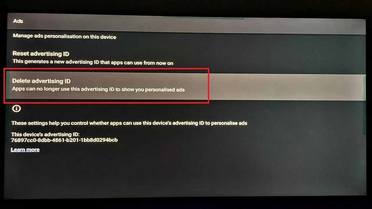 acess delete advertising id in google tv with chromecast