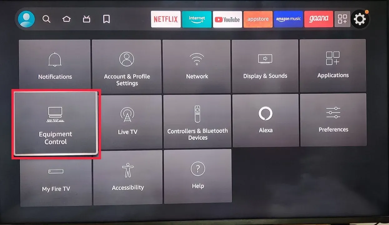 Selection of equipment control on screen