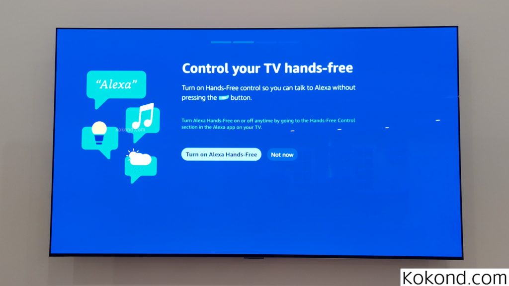 Once the user either scans the QR code through the camera on their phone or visits amazon.com/us/code and then enters the code shown on their screen, they are taken to the next screen. The backdrop of the next screen is in dark blue color with the title on the top saying, "Control your TV hands-free." The screen suggests two options at the bottom of the screen in oval shaped buttons: "Turn on Alexa Hands-Free" and "Not now."

The image shows that the user has selected the "Turn on Alexa Hands-Free" option and is now going to click on it.
